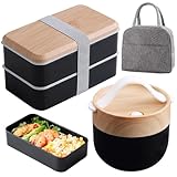 WIYETY Bento Box Japanisch: 1400ml Brotdose Kinder+600ml Suppenschüssel mit Lsolierbeutel, Essensbox Frühstücksbox mit Besteck für Erwachsene und Kinder zur Arbeit und Schule(Schwarz)