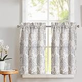 TOPICK Scheibengardine Leinen Vorhang Blumen Bedruckt Bistrogardine Halb Transparent Gardine Schals Scheibengardinen Fensterschal für Küche Wohnzimmer Landhaus 2er-Set 65B x 60H (cm) Grau auf Beige