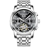 rorios Herren Automatik Mechanisch Armbanduhr Edelstahl Metallarmband Tourbillon Kalender Leuchtend Zeiger Multifunktionen Armbanduhr Wasserdicht Uhr