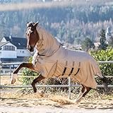 SUNRIDE Fliegendecke für Pferde (Kuba) - mit festem Halsteil - Gehfalte - Schutz für empfindliche Brust - elastische Einsätze - mit UV-Schutz - Bauchlatz und Beingurte verstellbar - braun (145 cm)