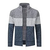 Herren Strickjacke Pullover Grobstrickjacke mit durchgehendem Reißverschluss Trichterhals Langarm-Strickpullover Grau+ Blau XL