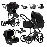 Reenborn Kinderwagen 3 in 1, Buggy mit Zwei Umkehrbaren Schiebemodi, Kinderwagen mit Rahmen Aluminiumlegierung, Kinderwagen 3 in 1 Komplettset mit Ein-Klick-Faltdesign Hohe Landschaft (588 Black)