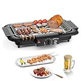 Elektrogrill Tischgrill elektrisch, Elektrischer BBQ-Grill, rauchloser Non-Stick Innen-/Outdoor-Grill, 2000W Doppelröhre tragbarer abnehmbarer Standgrill der hohen Leistung (schwarz)