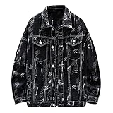 Generisch Freizeit Jeans Herren-Jacken Herren Frühjahr Mode Freizeit bedruckte Schnalle Jeansjacke Mantel Top Jeansjacke Übergangsjacke Baumwolle mit Taschen (Black, S)