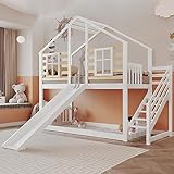 Aoskem Kinderbett Etagenbett 90x200, Hochbett Hausbett Holzbett mit Treppe & Rutsche, Bettgestell mit Rausfallschutz und Gitter, Bett mit 1x Lattenrost, Bettrahmen aus Massivholz, Ohne Matratze, Weiß