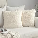 MIULEE 2er Set Kissenbezüge Künstlich Pelz Sofakissen Dekorative Dekokissen Kuschelkissen Plüschkissen Kuschelig Couchkissen Superweich Kissen Flauschig Kissenbezug für Sofa 40x40 cm Cremeweiß