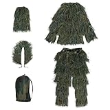 HAZARA 5-Teilige 3D Tarnanzug Camouflage Jagdbekleidung Ghillie Suit Einschließlich Jacke,Hose,Kapuze,Tragetasche Tarnzelt Fotografie für Outdoor Jagdfotografie,ForestGreen-Kids