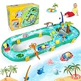 JONRRYIN Wassertisch Spielzeug, Wassertisch Kinder Draußen Spielzeug, Strandspielzeug Wasserbahn Set Wasserpark Spielset mit 2 Booten und Angelfunktion, Sommer Wasserspielzeug für Kinder 3+ Jahr