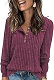 Tanmolo Damen Leichte Strickpullover Langarm Henley Shirt Herbst lässig Rundhals-Knöpfe Elegant Sweatshirt Tunika Tops Burgunderrot, M