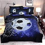 WONGS BEDDING Bettwäsche 135x200 Kinder Jungen Fußball Kinderbettwäsche Blau Schwarz Wendemotiv Bettbezug Microfaser Wendebettwäsche mit 48x75 Kissenbezug und Reißverschluss