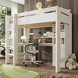 TOBIDOEN Kinderbett Hochbett 90×200 cm mit L-förmigem Schreibtisch, Jugendbett Stauraum mit Fächern und Schubladen, Absturzsicherung und Leiter, Bett mit Lattenrost für Kinder/Jugendliche, Weiß