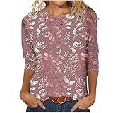Damen-Top, 3/4-Ärmel, Blusen, Retro-Blumendruck, T-Shirts, Rundhalsausschnitt, lockere Passform, T-Shirt, Übergröße, Pullover, lässig, Sommer, modisch, elegante Tunika-Blusen, A005 Purple, 40