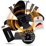 FLAMMENWIND Kaminventilator ohne Strom - inkl. Thermometer und Aufbewahrungsbox für Zündhölzer - Ofenventilator - Kaminlüfter - Kaminofenventilator