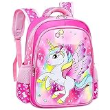 Kinderrucksack Mädchen und Jungen,Einhorn Rucksack,Schulrucksack Einhorn,Cartoon Druck Schultasche, Mit Brustgurt Und Fächern,Wasserdichter Backpack Rosa,Freizeitrucksack für Lernreisen (Pink Large)