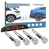 VSG24 Premium Einparkhilfe hinten mit Display zum nachrüsten am Auto, PDC Parksensoren hinten mit Stecksystem für einfachste Montage - 4 Rückfahrwarner Sensoren Parkhilfe Nachrüstsatz Silber