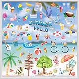 Hianjoo Sommer Fensterbilder Selbstklebend, 9 Blätter Hawaiianische Fenster Aufkleber Dekorationen, Fenstersticker Fensterdeko Wiederverwendbar mit Beach Pool Party