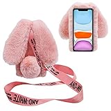 DasKAn Kompatibel mit iPhone SE 2022 & 2020 / iPhone 7/8 4,7' Plüsch Hülle mit Handykette, Glänzend Diamant 3D Hasenohren Design Winter Warm Weich Kaninchen Flauschig Fell Schutzhülle, Hell Pink