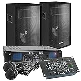 Vonyx DJ PA Anlage Komplettset, 500 Watt DJ Boxen, Karaoke Set, DJ Lautsprecher mit Verstärker, 2X PA Lautsprecher Passiv, Kabeln, DJ Mixer und Mikrofonen, Karaoke Anlage, Karaoke Maschine