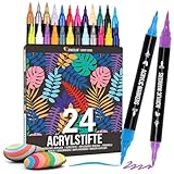 Zenacolor 24 Acrylstifte für Steine wasserfest mit Doppelspitze (feine Spitze und Pinsel) - Acrylstifte verschiedene Oberflächen - Multimarker Acryl