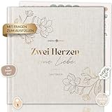 LEBENSKOMPASS Gästebuch Hochzeit Leinen Hochzeitsbuch mit interaktiven Seiten zum ausfüllen & inklusive Sticker - Stabiles Hardcover mit Goldveredelung