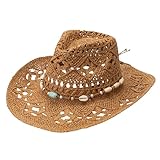 Obotsnoi Strohhut mit Perlen, Gürtel, für Erwachsene, Unisex, Western-Panamahut, handgefertigt, Strohhut, Strand, Urlaub, sonnenfest, für den täglichen Gebrauch, breite Krempe, khaki, Einheitsgröße