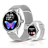 LES FLEURS Smartwatch Damen 1,19' Touchscreen Fitnessuhr mit Bluetooth Telefonfunktion, IP67 Wasserdicht, SpO2/Schlafmonitor, Menstruationszyklus-Tracker, Atmungsrate, Silber (Deutsch Unterstützt)