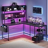 Dowinx LED Gaming Tisch, L-förmiger Schreibtisch mit Stecktafel und Stauraum, Umkehrbarer Computertisch mit Steckdosen und USB, Büro-Eckschreibtisch für Heimspiel Schwarz, 148x120cm