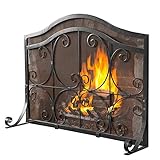 Kaminschirm, groß, flach, Funkenschutz, Kaminschirme, solide, feuerfeste Kaminplatten aus Schmiedeeisen mit Metallgitter, schwarzes Finish