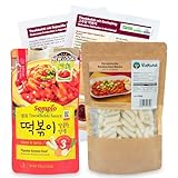 Koreanische Reiskuchen & Milde Tteokbokki Soße Set - Inkl. Broschüre mit Kochrezepten und Videoanleitungen für Reisnudel-Gerichte aus Korea - 400g Reis-Sticks & 150g Süße Sauce