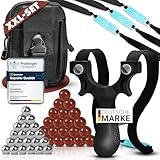 VALENESS® Steinschleuder [XXL-Set] - präzise Profi-Zwille mit 4 Gummi-Bändern, 300 Tonkugeln, 100 Metallkugeln & Tasche [Schleuder für Anfänger & Profis]
