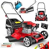 MASKO® Benzin Rasenmäher 5in1 | 51 cm Schnittbreite | 8- fache Schnitthöhenverstellung | 4 Takt OHV Motor 6,0 PS | 65 Liter Fangkorb| Inkl. Mulch- Kit, Seitenauswurf, Handschuhe & Rasenmäherbürste