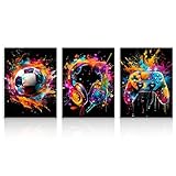 Dazzlewall 3 Stück Graffiti Jungenzimmer Wandbilder, Bunte Fußball Kopfhörer Gamepad Bilder für Schlafzimmer Jugendzimmer Spielzimmer Deko 12x16 Zoll Ungerahmt
