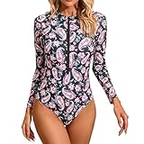 Kaerm Damen Langarm Einteiliger Badeanzug Rundhals Reißverschluss Bademode Sport Rash Guard Gedruckt Surfanzug Shorty Motiv Beachwear Schwarz L