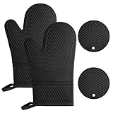 AUAUY Ofenhandschuhe Set, 1 Paar Silikon Ofenhandschuhe mit 2 Topflappen, Anti-Rutsch Kochhandschuhe, Hitzebeständige Topfhandschuhe, Backofen Handschuhe für Küche Kochen Backen Grillen BBQ