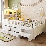 Kinderbett Hausbett 90 x 200 cm mit LED, USB, Sicherheitsgitter und Lattenrost, Einzelbett mit 4 Schublade, klein Treppe, Einzigartiges Dachdesign, Flachbetten, Massivholzbett, Weiß