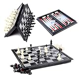 Schachspiel Magnetisch, Hoshin Schach/Dame/Backgammon 3 in 1 Set tragbare Faltbare Reise Magnetische Schachbrett (25x25x2cm)