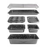 STONELINE Backform Set 7-teilig, beschichtet mit echten Steinpartikeln, Backformen aus Karbonstahl und Eisen, Kastenform, Muffinform, Backblech und Backgitter 21004 Grau