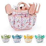 Grenebo-Gartenspielzeug für Kinder, inklusive Metallkelle, Pflanzschaufel, Gartenhut, Rechen, Schürze, Handschuhe, Gießkanne und Werkzeugtasche (rosa)