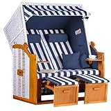 MR. DEKO Strandkorb Ostsee Volllieger 2-Sitzer | PE Geflecht Weiß Bezug Uni blau | inkl. 4 Kissen & Klapptisch | Strandstuhl verstellbar | Strandkörbe aus Hartholz mit Fußablage (Dessin Blau Weiss)