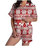 Generisch Damen Bedruckter Pyjama Seide Satin Loungewear Revers Haushalt Bequeme Kleidung Zweiteilig Hemd Und Shorts Schön Romantisch Weihnachtlich Schneeflockenmuster Schlafanzug mit Knöpfen