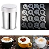1 Stück Kakaostreuer Edelstahl mit 16 Teile/satz Kaffee Schablone Druckformen, Mehlstreuer mit Deckel Puderzuckerstreuer für Cappuccino, Kakaopulver Streuer für Heiße Schokolade Brotdekoration