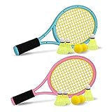 Kinder Tennisschläger mit Tragetasche,4 weiche Trainingsbälle und 6 Badminton Birdies,Tennisschläger Geschenkset für Kinder Outdoor Indoor Sport (Rosa und Blau)