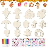 BOFUNX 28 Stücke Herbst Holzanhänger zum bemalen, Kinder DIY Herbst Deko Anhänger Holz Ornamente Bastelset, Drachen Kürbis Ahornblätter Holzdeko Kinder Geschenk Handwerk
