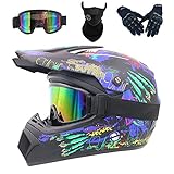 Motocross Helm Herren, Motorradhelm Set Damen Fullface Motorrad DH Offroad Enduro Mountainbike Helme mit Visier Brille Handschuhe Maske ( Color : CC , Size : L (56-57cm) )