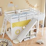Merax Hochbett 90x200cm, Etagenbett für Kinder mit Treppe, Zäune, Rutsche und Ablagefach, Kinderbett mit Rausfallschutz und 2 Lattenrost, Spielbett mit Bettvorhang und Regal, Rahmen aus Kiefer, Weiß