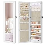 SONGMICS Schmuckschrank, Wand-Aufbewahrungsmöbel für Halsketten, Ohrringe, Zubehörschrank, mit Spiegel, verschiedene Fächer, abschließbar, Weiß und Futter in Grau JJC093W01