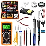 Lötkolben Set, 60W LCD Lötkolben Einstellbar Temperatur 180-500°C, Soldering Iron Lötset mit Entlötpumpe, Digitalmultimeter, Lötstation, 5 Lötspitzen, Pinzette, Soldering Kit für Elektrische Arbeiten