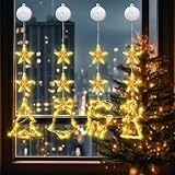 SRunDe 4 Stück Weihnachtsbeleuchtung Saugnapf mit 4 Spurlose Bilderhaken Weihnachtsdeko Fenster Lichterkette Beleuchtet Sterne Engel Glocke Elch Weihnachtsbaum für Weihnachten Fest Party Hochzeit