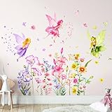 Tanlaby Blume Fee Wandsticker Blumen Schmetterling Elfen Wandtattoo Buntes Pflanze Blume Selbstklebend Wandaufkleber Abnehmbar Wandkunst Aufkleber für Mädchen Kinder Kinderzimmer Schlafzimmer