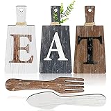 Schneidebrett Eat Schild Set Hängende Kunst Küche Eat Schild Gabel und Löffel Wand Dekoration Rustikales Primitives Land Bauernhaus Küchen Dekor für Esszimmer (Weiß, Grau Schwarz, Braun)